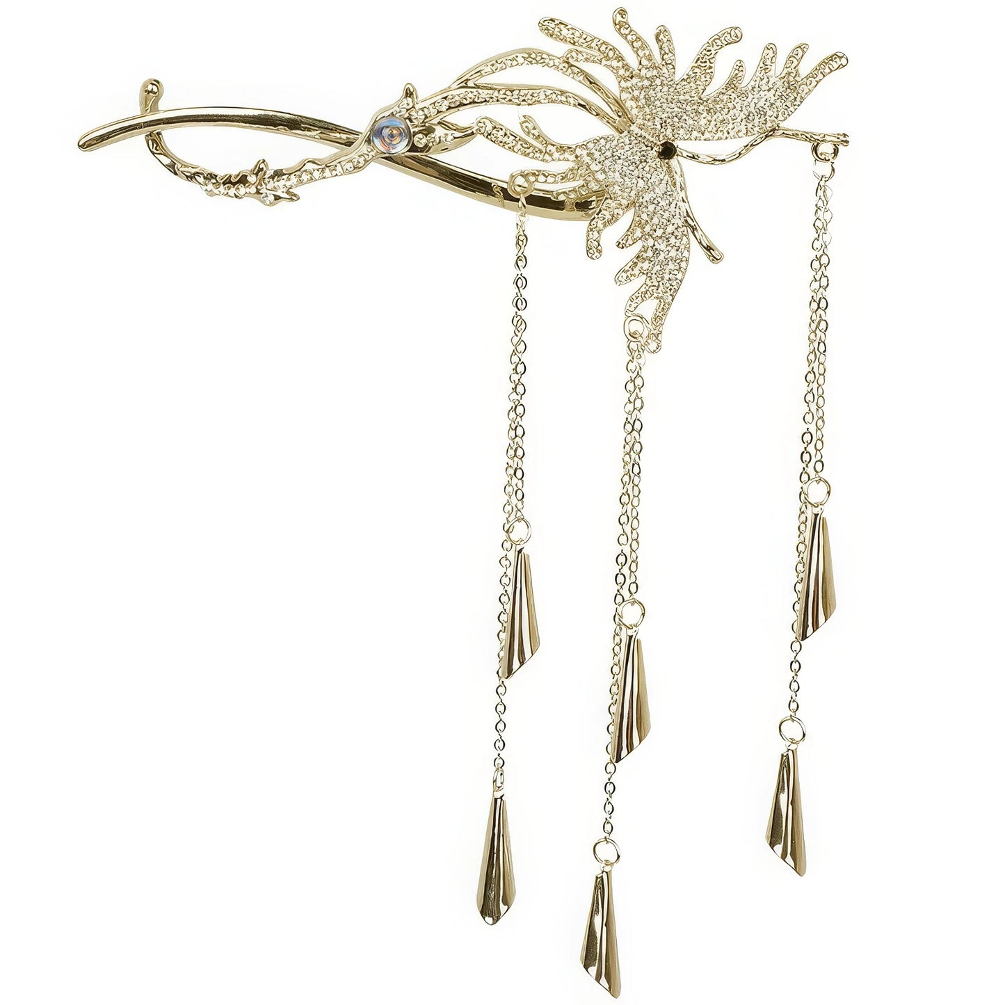  Full product shot of the gold butterfly tassel twist clip on a plain white background, clearly showing the ornate design and three tassels.