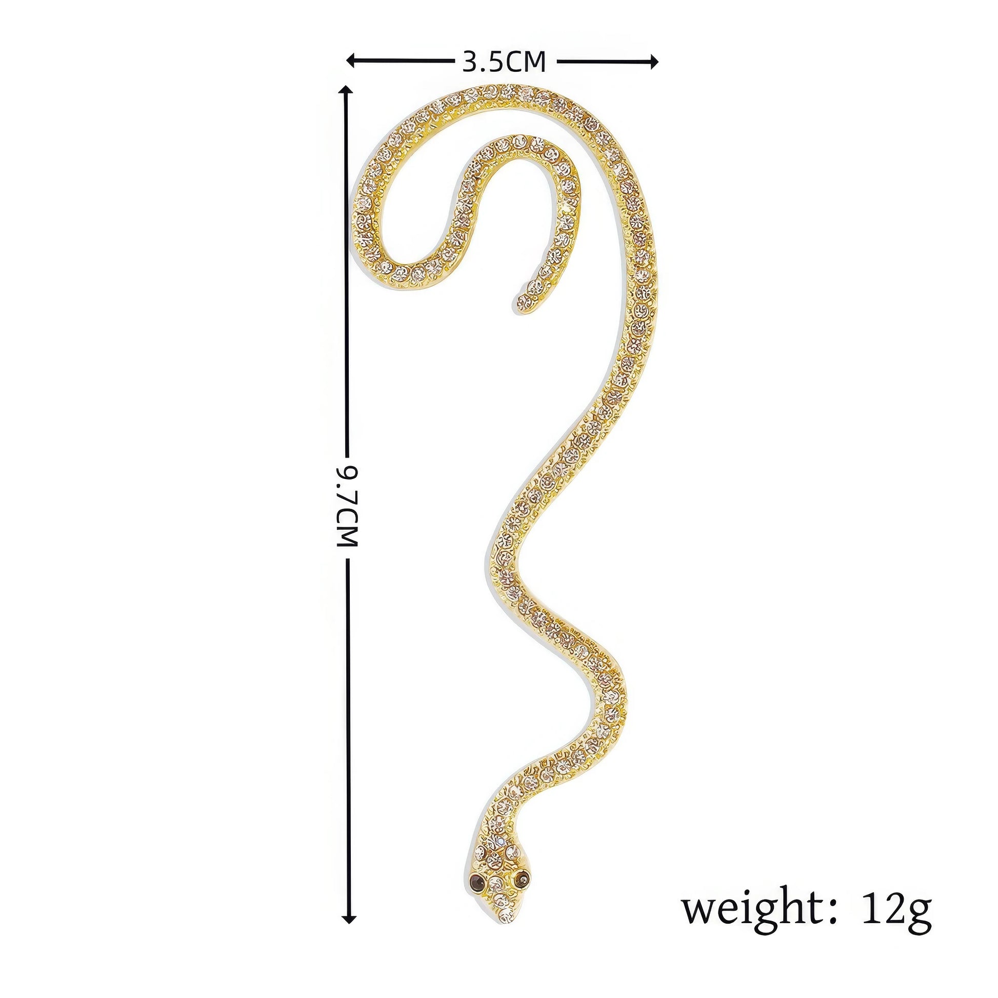 Gold snake - shaped wrapping ear cuff with size "3.5CM×8.7CM" and weight "12g", isolated on white background