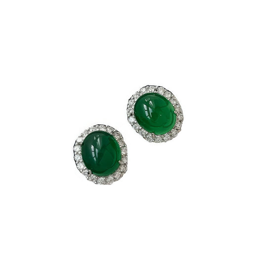 Pair of green chalcedony micro - inlaid stud earrings isolated on white background