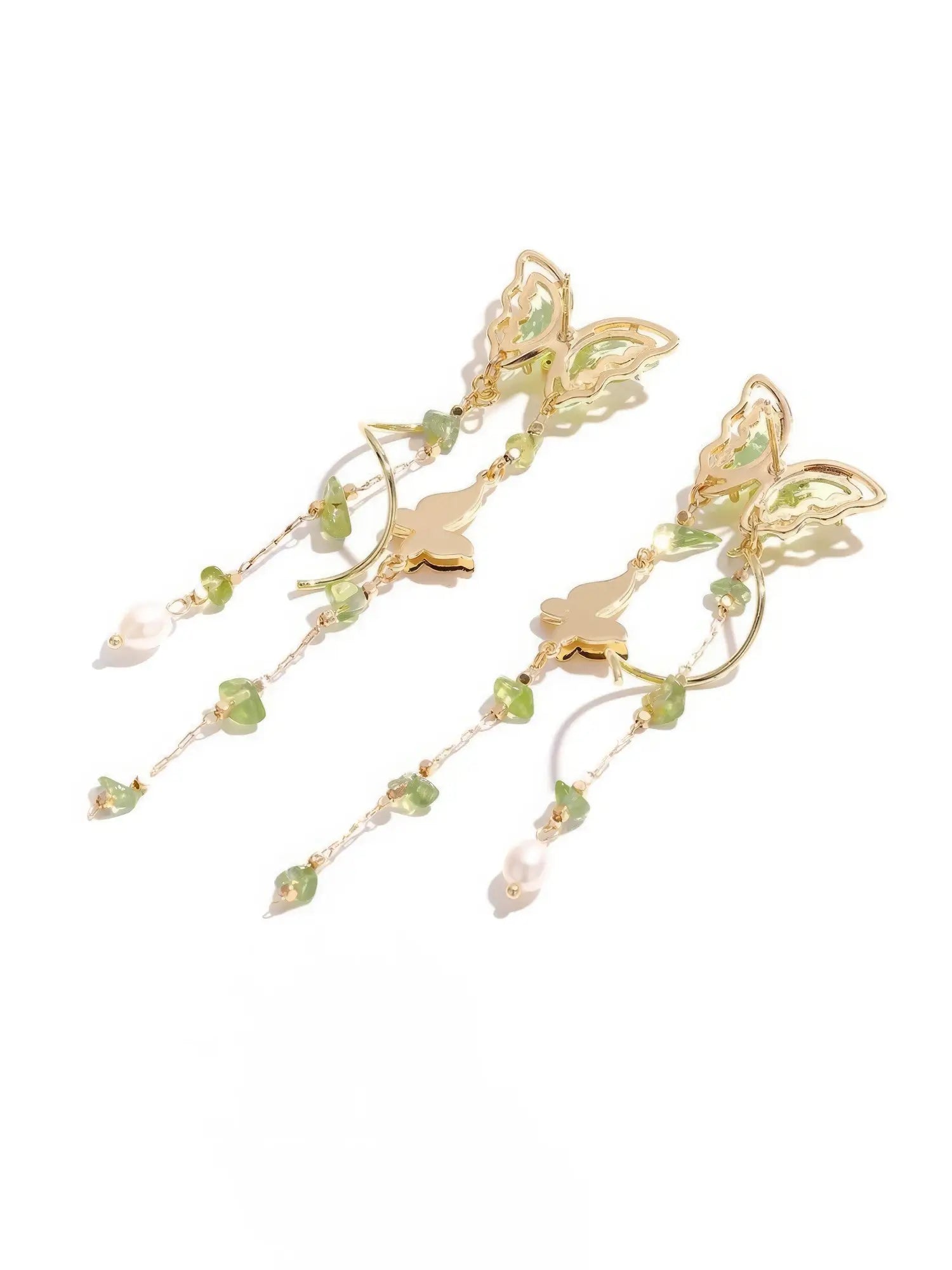 Angled view of Green Wild Tea Butterfly Tassel Earrings, highlighting the flowing tassels and butterfly motifs.