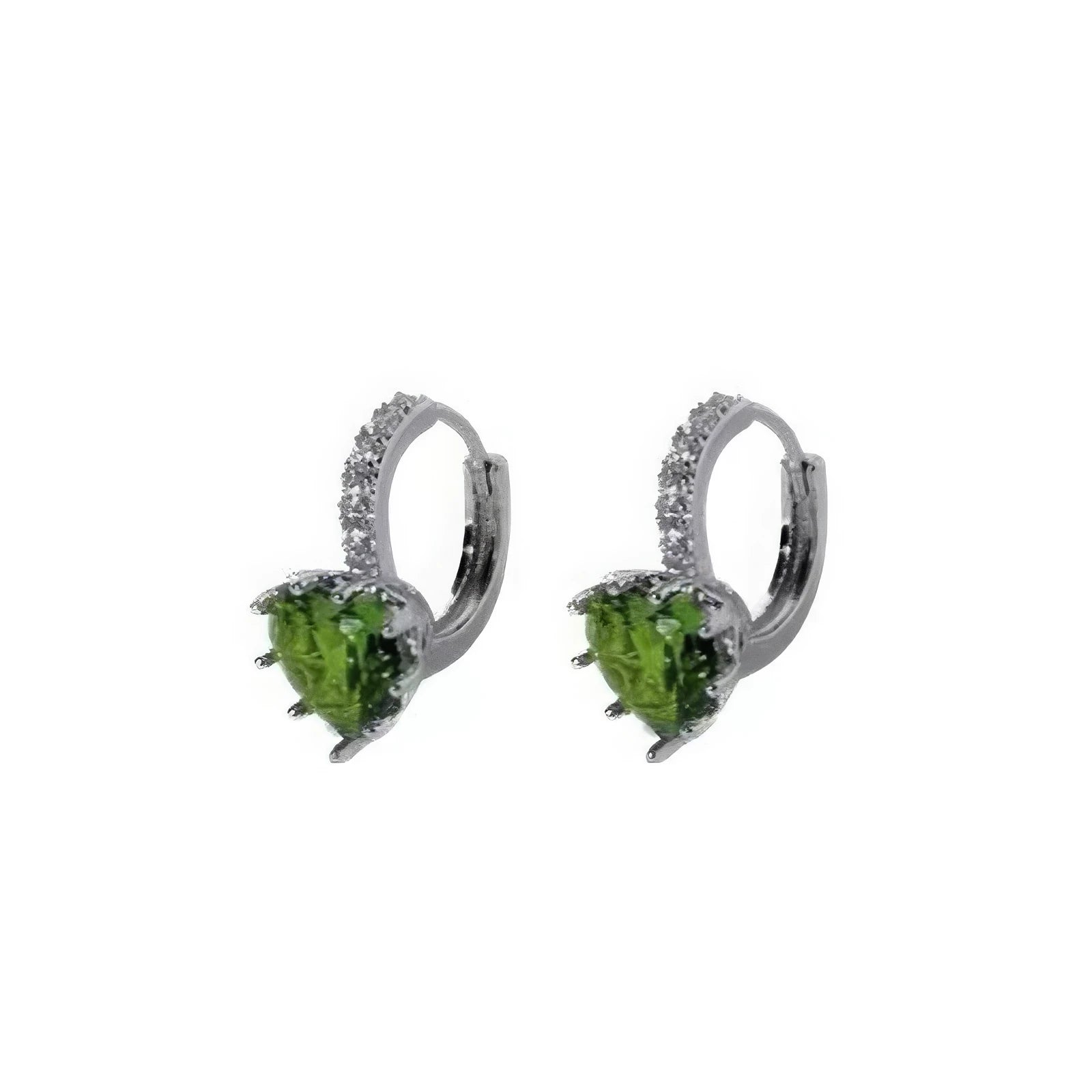 Pair of green zircon snake - shaped stackable ear cuffs isolated on white background.