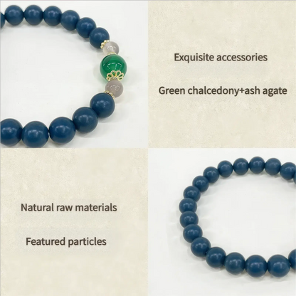  Details of Guyang Yulong bead bracelet, emphasizing "Exquisite accessories", "Natural raw materials", and "Featured particles".