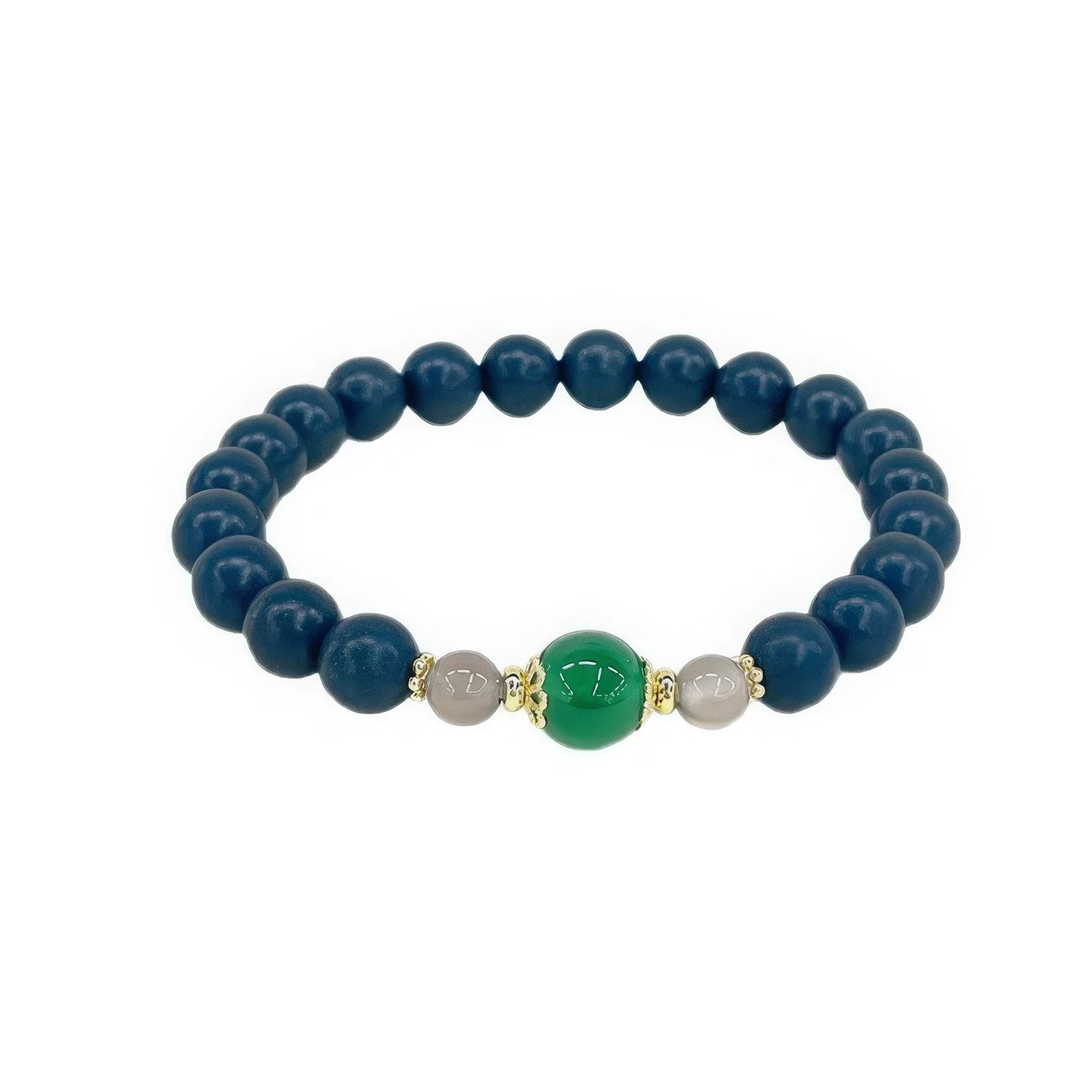 Full - view of Guyang Yulong bead bracelet featuring dark blue beads, a green bead, and light - colored spacer beads.