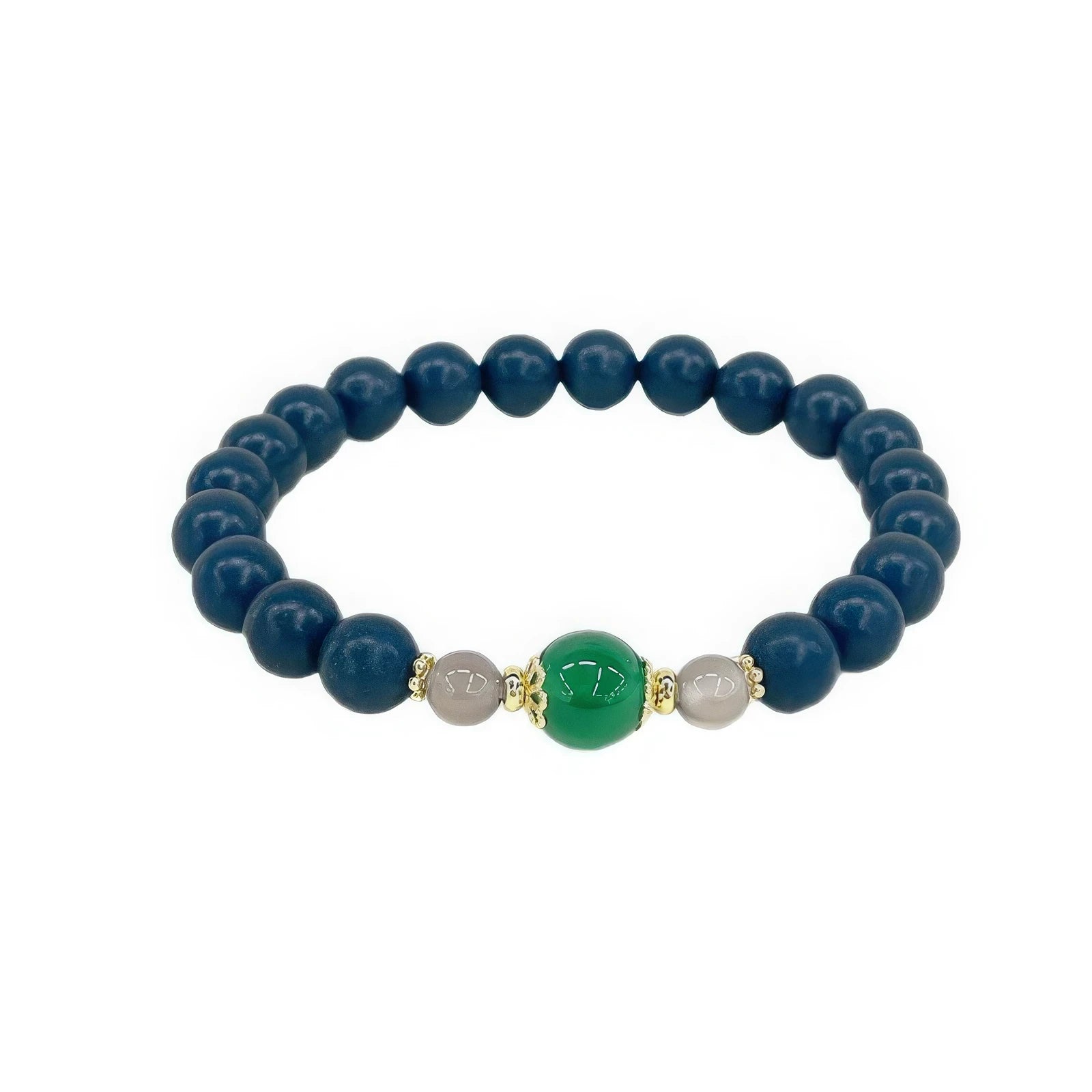 Full - view of Guyang Yulong bead bracelet featuring dark blue beads, a green bead, and light - colored spacer beads.