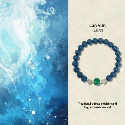 Guyang Yulong bead bracelet displayed against a blue - themed background with text labeled "Lan yun".