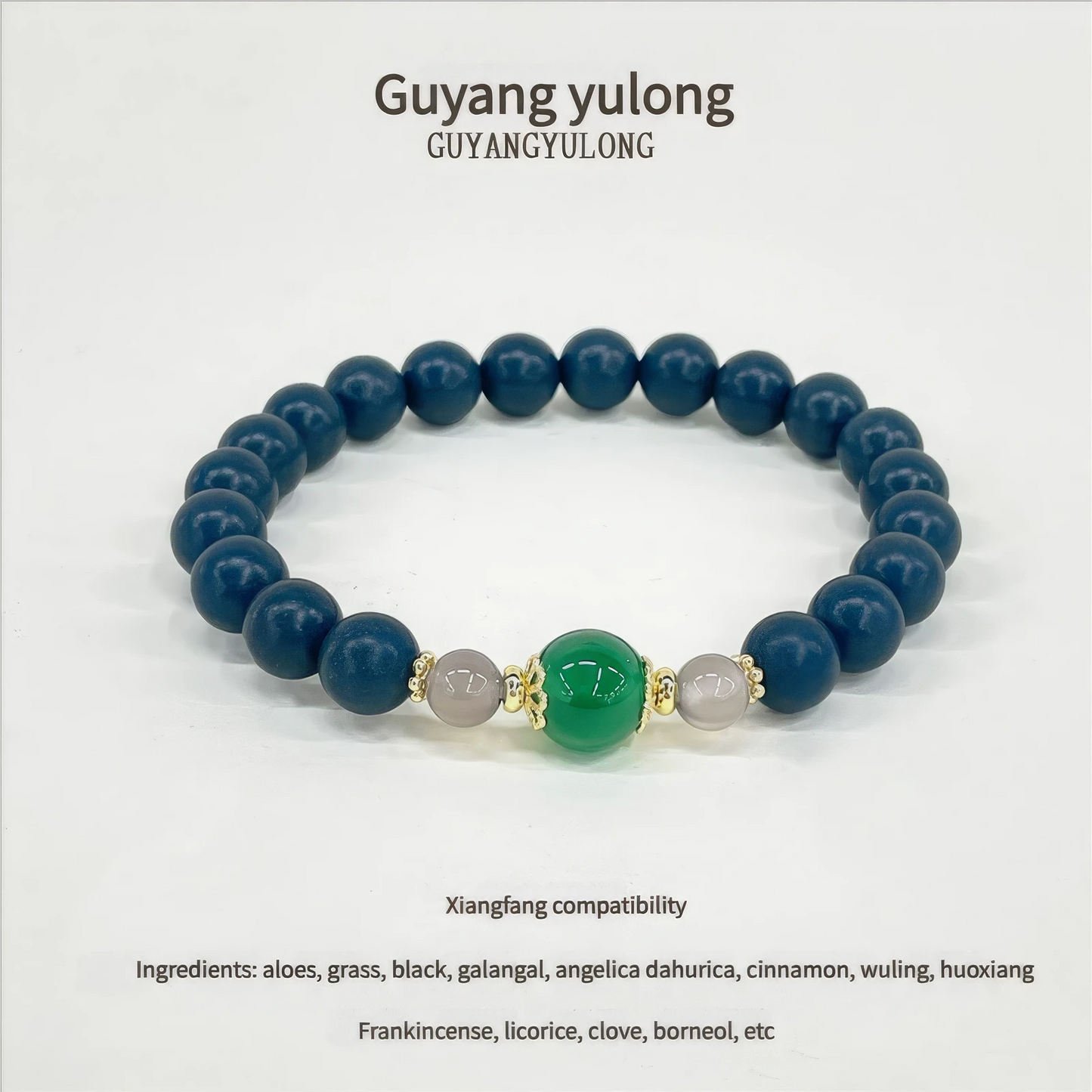 Guyang Yulong bead bracelet shown with text titled "Guyang yulong" and a description of its compatibility.
