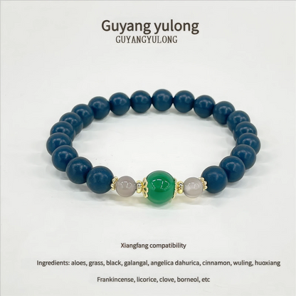 Guyang Yulong bead bracelet shown with text titled "Guyang yulong" and a description of its compatibility.
