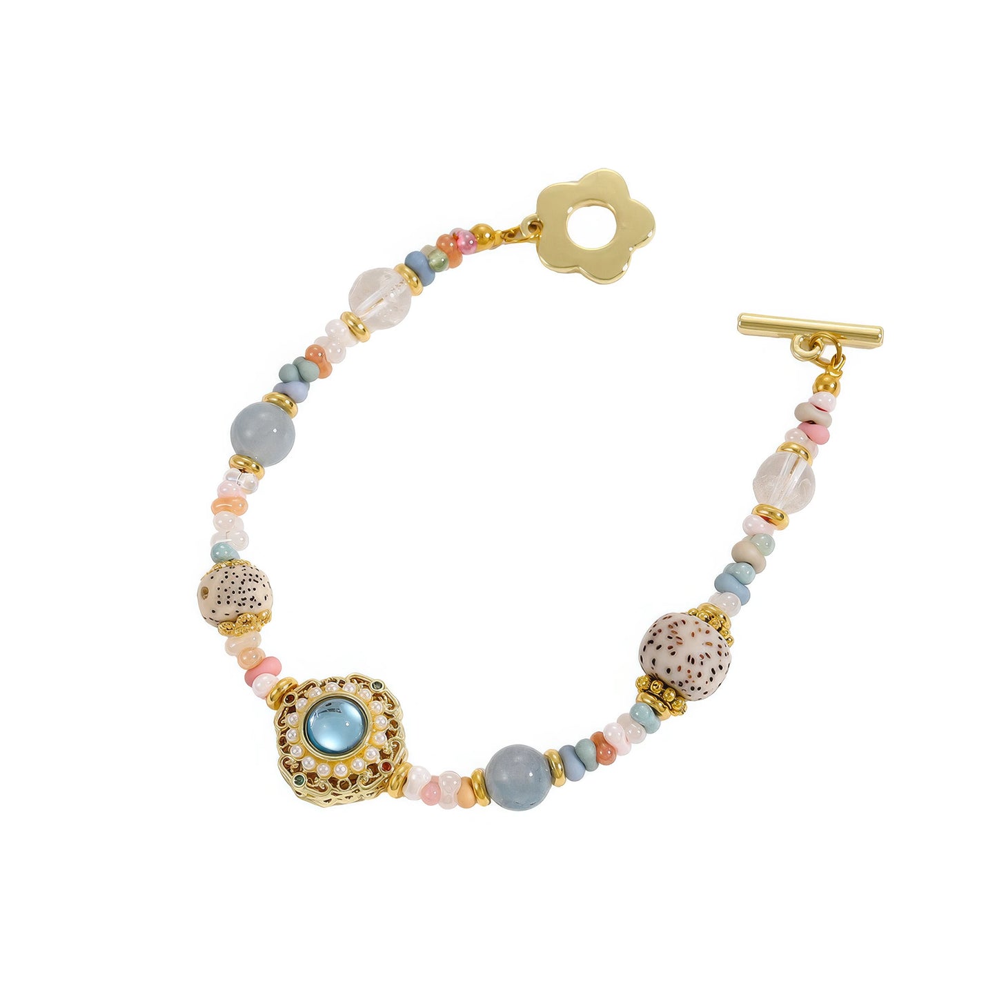 Handmade beaded bracelet with mixed color beads, isolated on white background