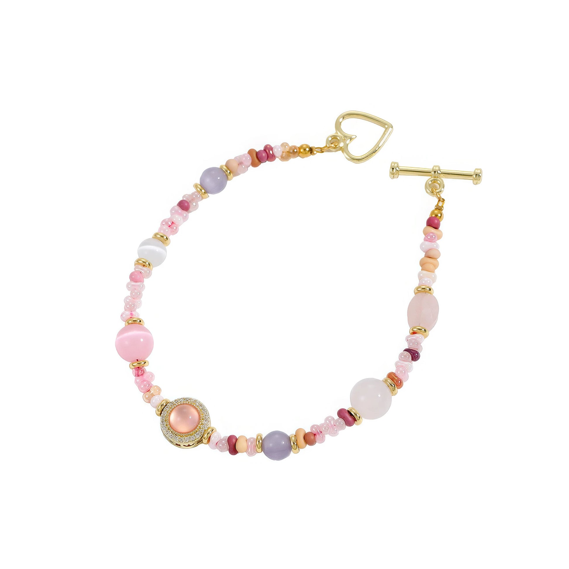  Handmade beaded bracelet with pink and purple beads, 20cm in length, isolated on white background
