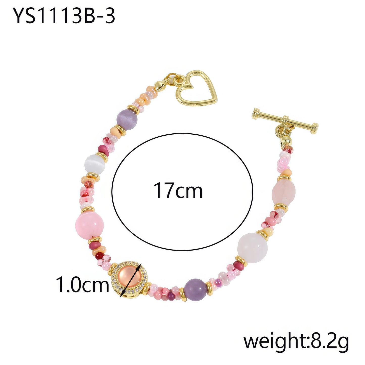  Handmade beaded bracelet with pink and purple beads, 17cm in length, isolated on white background

