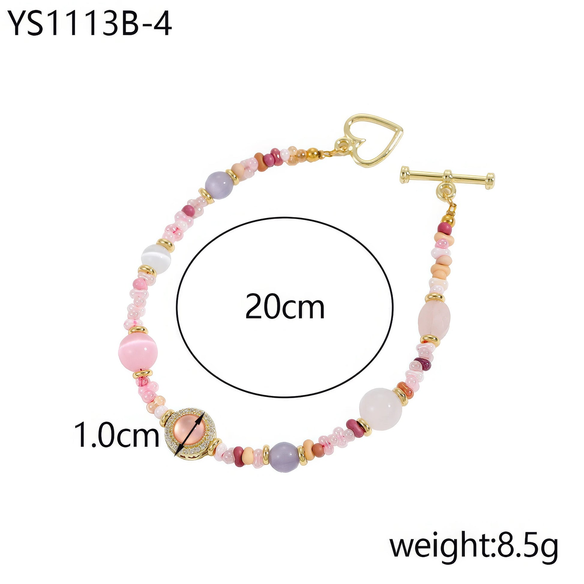  Handmade beaded bracelet with pink and purple beads, 20cm in length, isolated on white background
