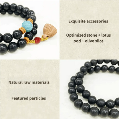 Close - up view of the handmade bipolar incense bead bracelet highlighting "Exquisite accessories", "Natural raw materials", and "Featured particles".
