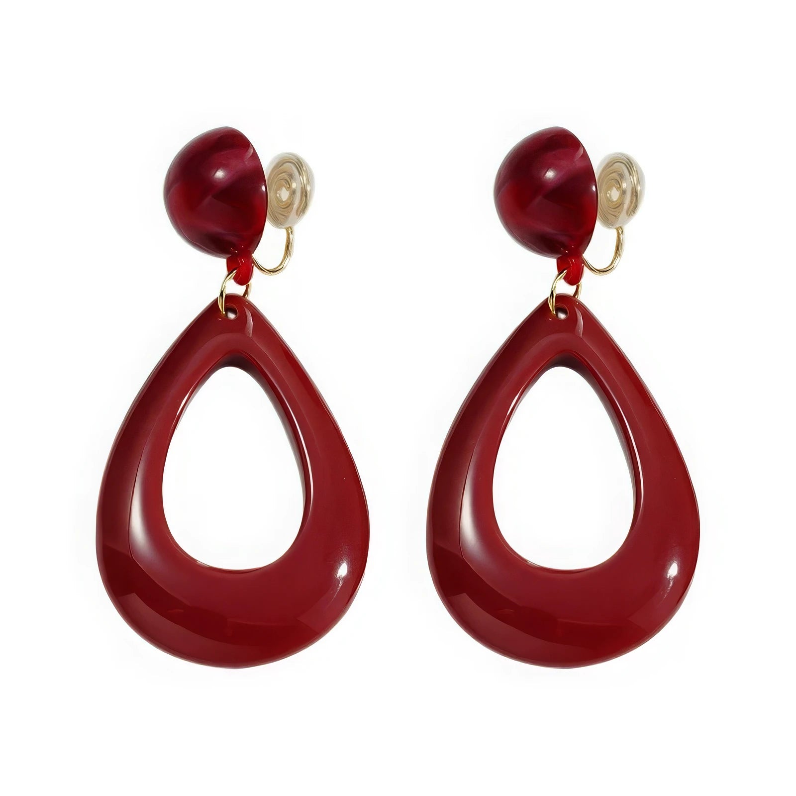 Pair of Hong Kong - style vintage burgundy ear clips, isolated on white background, showcasing the teardrop - shaped design with a glossy finish.