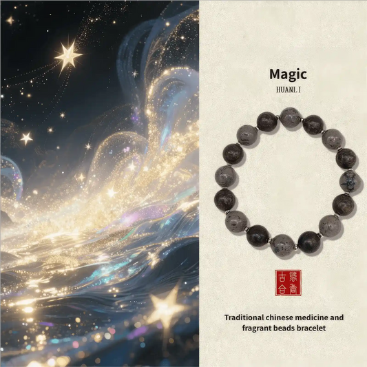  Huanli natural Chinese medicine incense bead bracelet displayed against a starry, cosmic - themed background, labeled "Magic", highlighting its unique and mysterious design.