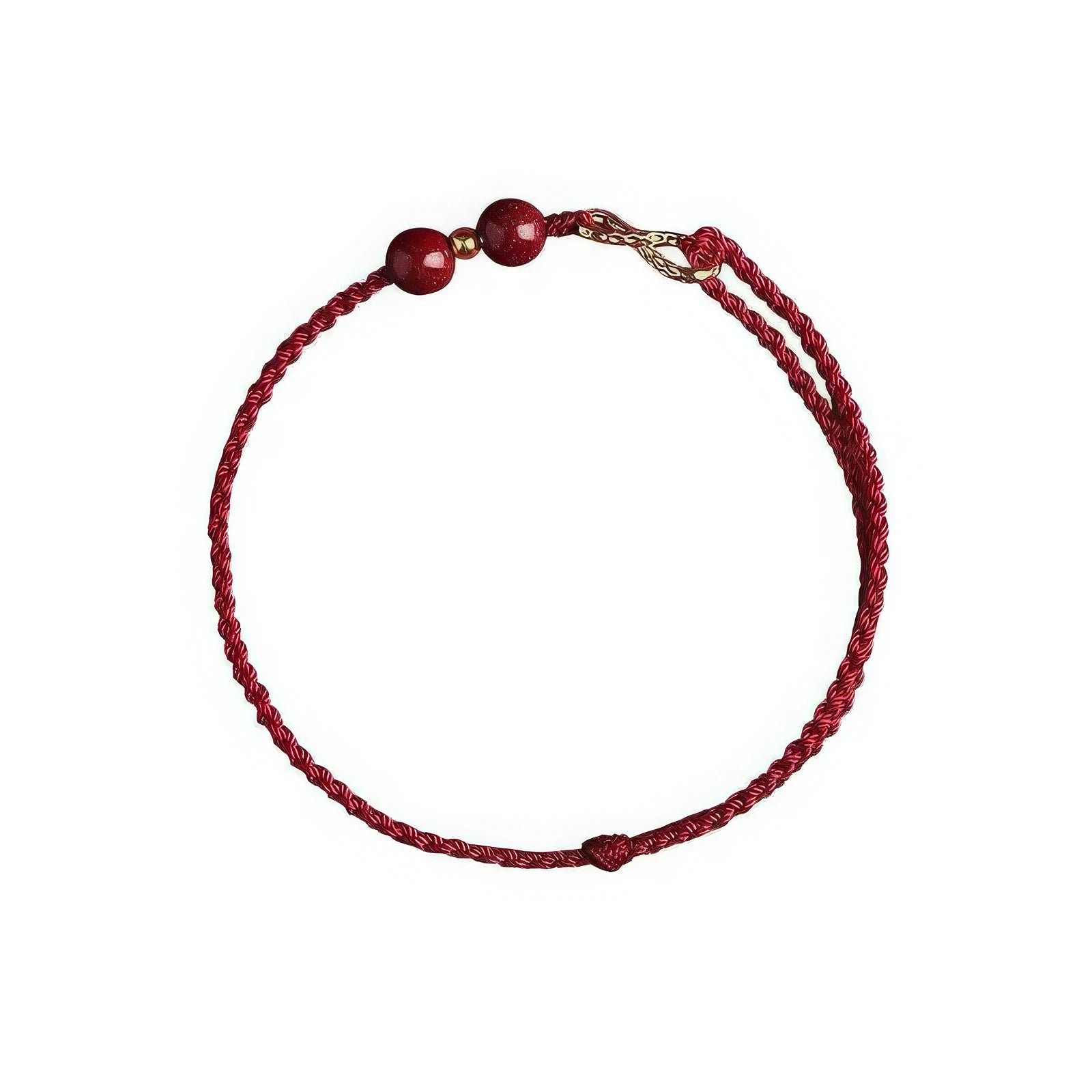 Dark red red string bracelet with "infinite" symbol and cinnabar beads, isolated on white background.