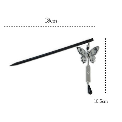  Ink - wash butterfly black sandalwood hairpin with length measurements (18cm for the stick, 10.5cm for the butterfly pendant part).