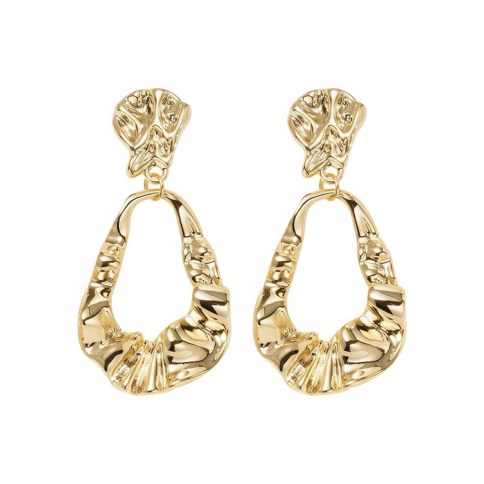 Pair of irregular - shaped gold earrings, isolated on white background, highlighting the intricate crumpled texture and open drop design
