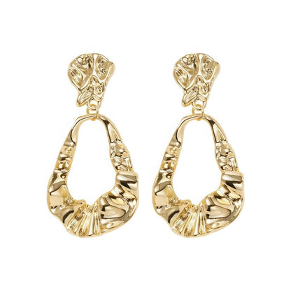 Pair of irregular - shaped gold earrings, isolated on white background, highlighting the intricate crumpled texture and open drop design