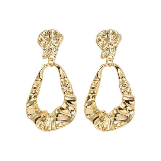 Pair of irregular - shaped gold earrings, isolated on white background, highlighting the intricate crumpled texture and open drop design