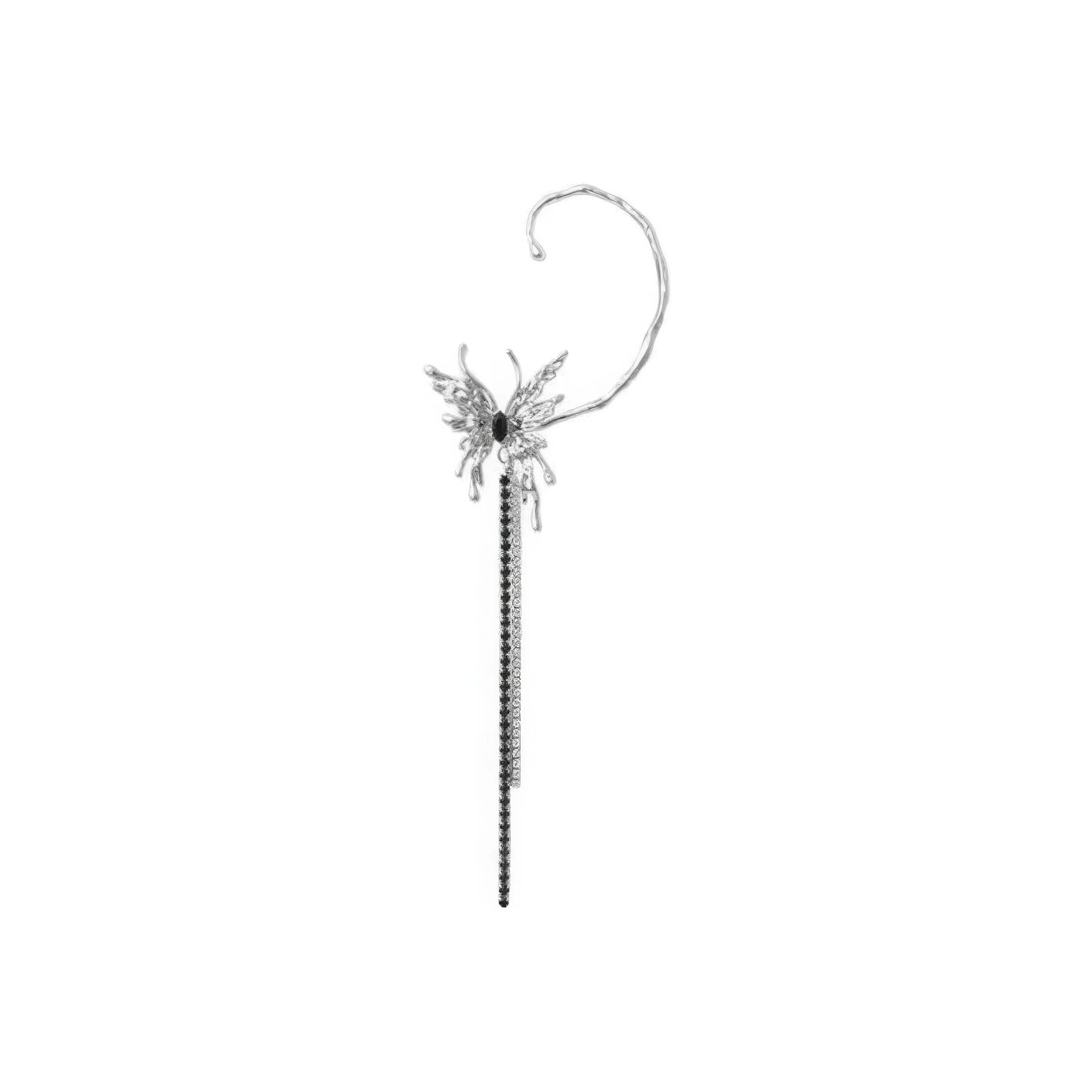 Liquid metal butterfly tassel ear cuff isolated on white background.