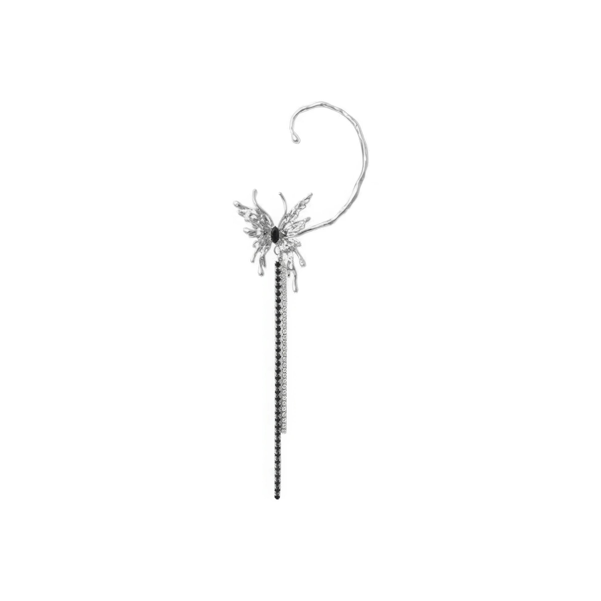 Liquid metal butterfly tassel ear cuff isolated on white background.