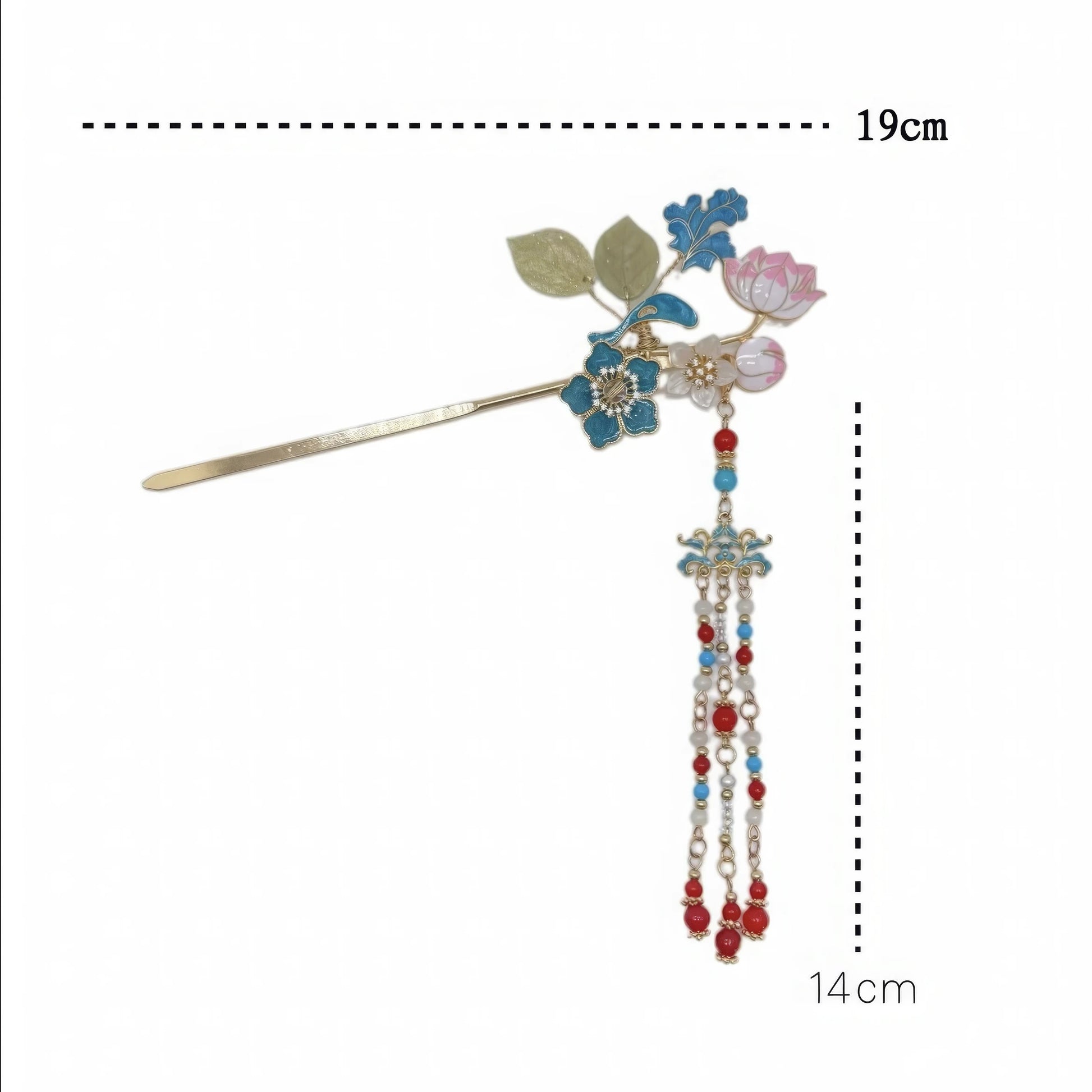 Diagram showing the hairpin’s dimensions (19cm total length, 14cm tassel drop), with clear measurements for the pin and tassel.