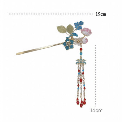 Diagram showing the hairpin’s dimensions (19cm total length, 14cm tassel drop), with clear measurements for the pin and tassel.