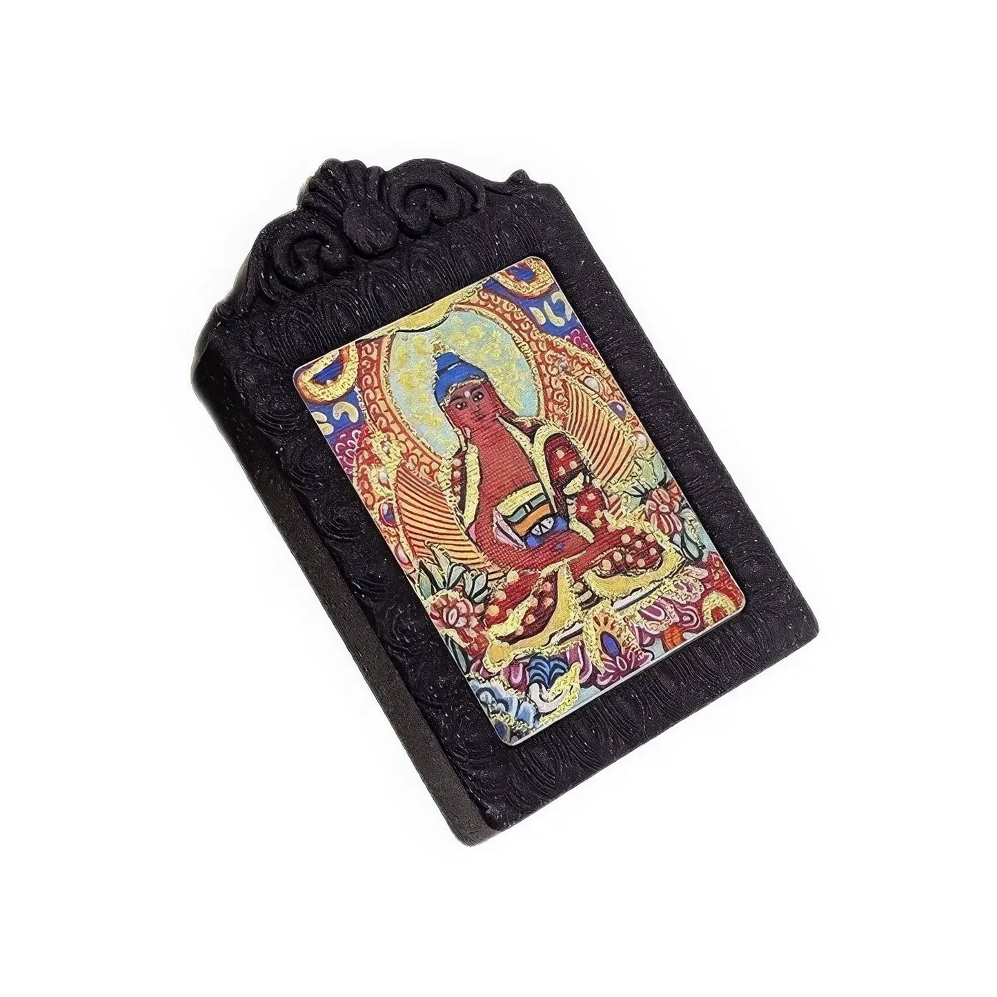 Close - up full - view of the Mahavairocana Thangka incense pendant, showcasing the detailed Thangka painting on the black pendant, along with the decorative frame and part of the hanging cord.