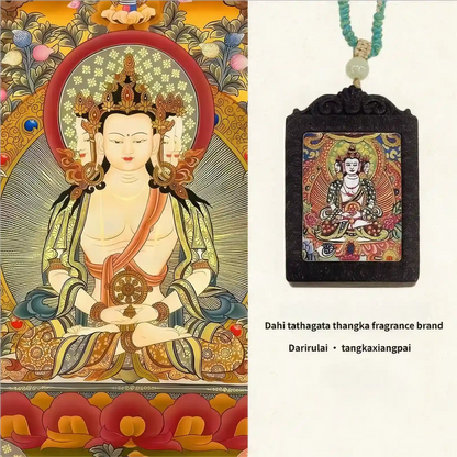 Mahavairocana Thangka incense pendant shown with a large - scale, colorful image of Mahavairocana Buddha on the left side, labeled "Dari withagate thoughts Fragrance brand".