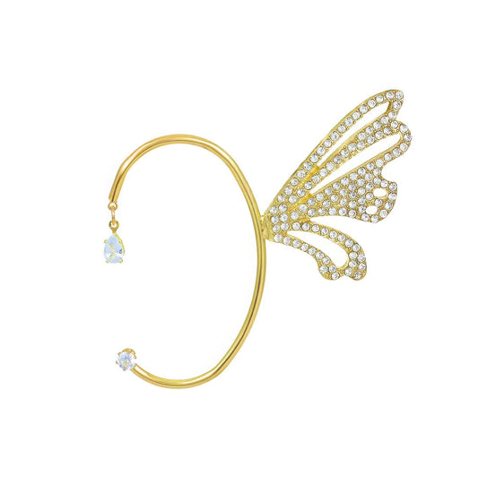 Gold metal diamond - inlaid butterfly ear cuff isolated on white background, showing the detailed butterfly wing with diamonds.