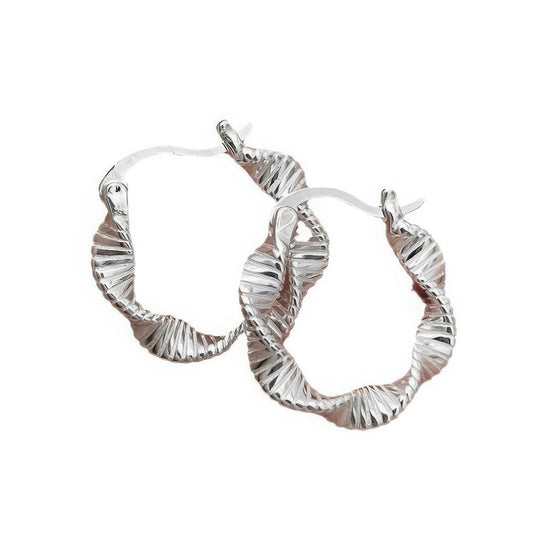  Pair of silver minimalist twisted hoop earrings, isolated on white background, highlighting the smooth, twisted structure