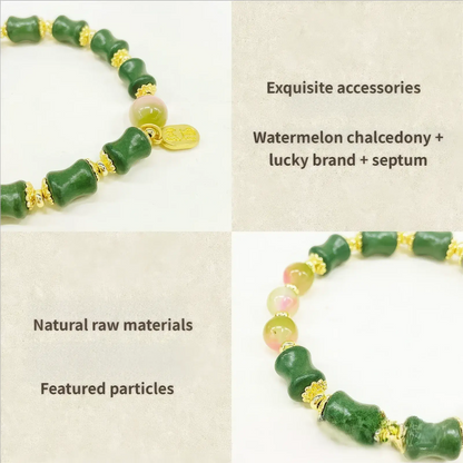 Close - up view highlighting the bracelet's "Exquisite accessories" like watermelon chalcedony, lucky brand, and septum, "Natural raw materials", and "Featured particles".
