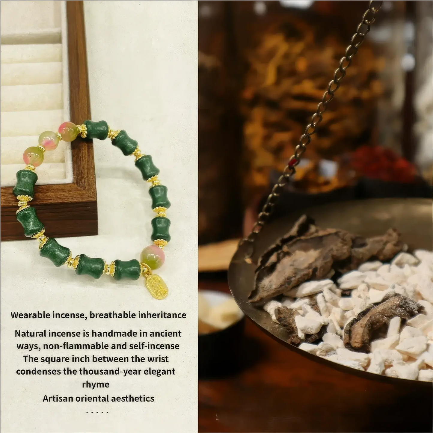 Mosquito - repellent natural Chinese medicine bracelet presented with a traditional - style background, emphasizing its wearable incense concept and natural fragrant medicine origin.