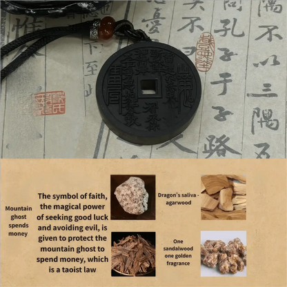  Mountain Ghost Amulet incense pendant displayed on ancient - styled paper, with text explaining that it's a symbol of faith, possessing magical power to ward off evil. It also shows images of ingredients like dragon's saliva and sandalwood.