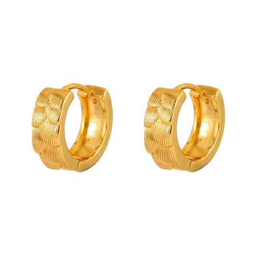  Pair of gold neo - Chinese style koi fish scale earrings, isolated on white background, showcasing the textured, fish - scale design.