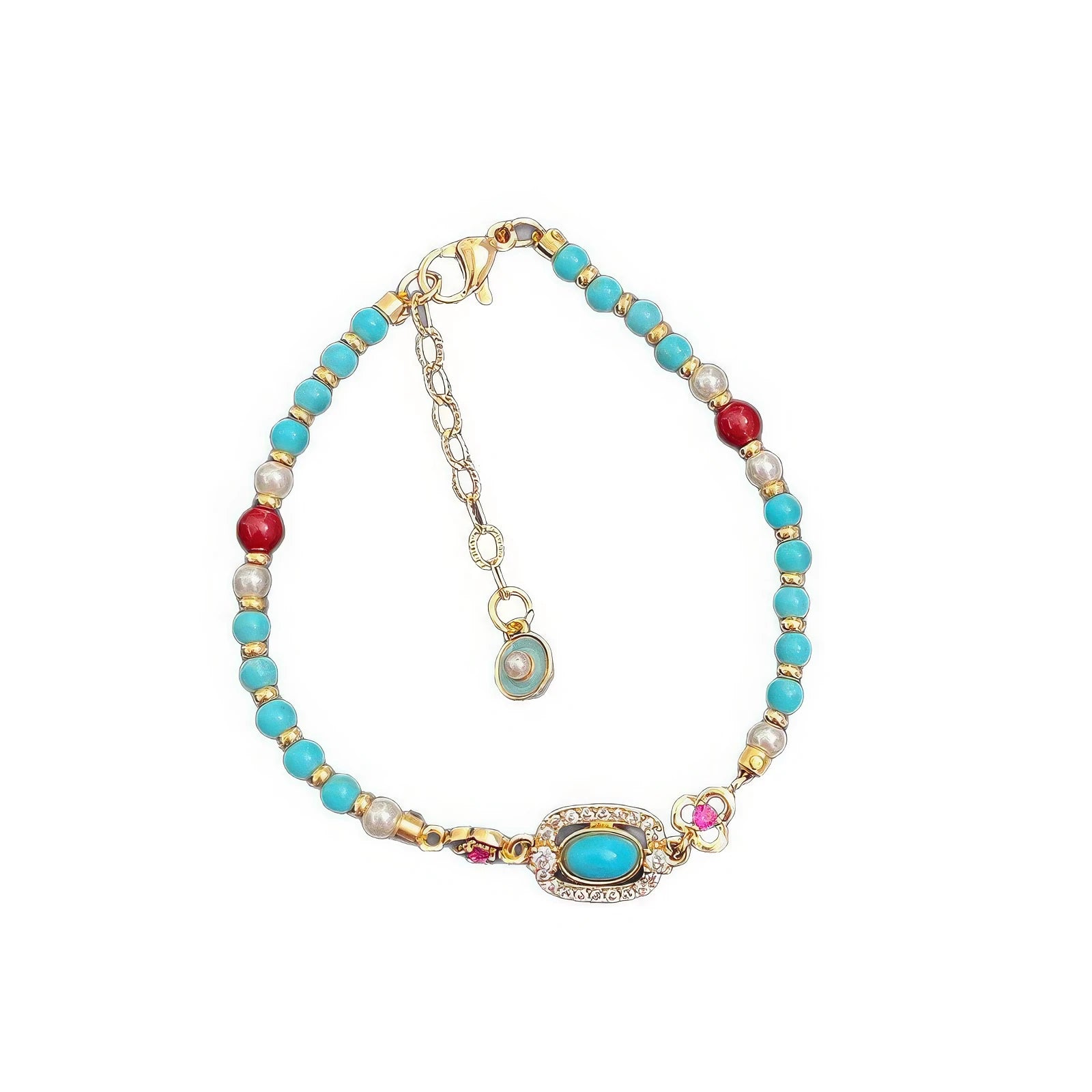 Neo - Chinese turquoise bracelet isolated on white background, highlighting turquoise and decorative elements.
