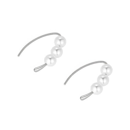 Silver - toned pearl hoop earrings, isolated on white background, highlighting the curved, clustered pearl structure