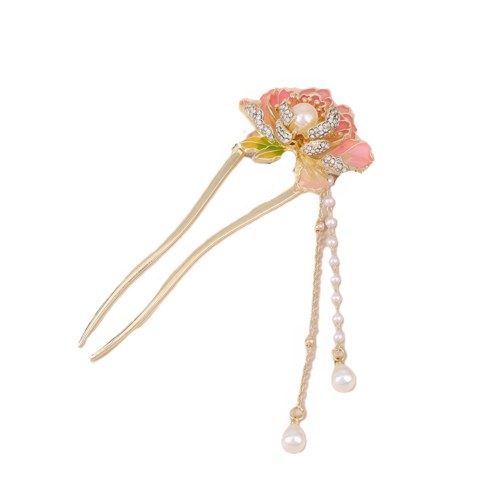 Peony Flower-hairpin U - shaped hairpin, pink flower with pearl tassel, white background