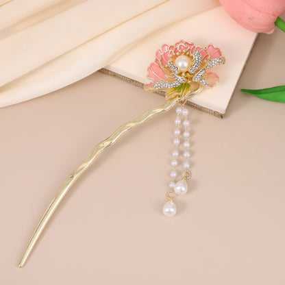 Peony Flower-hairpin U - shaped hairpin, pink flower with pearl tassel, beige background with white fabric