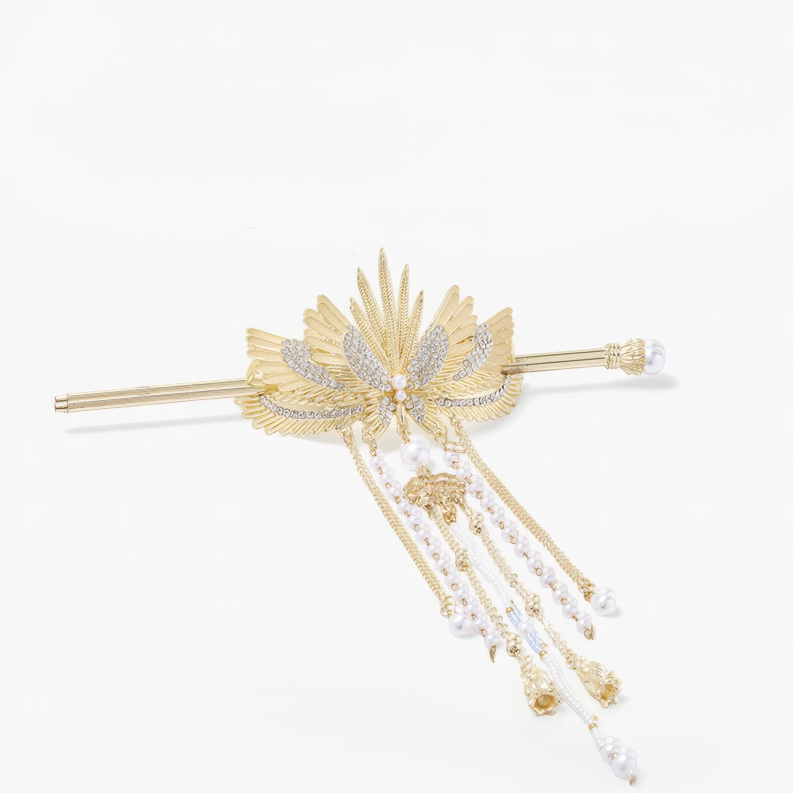 Front display of golden angel wing hairpin with layered pearl and crystal tassels, presented on clean white background to show delicate craftsmanship.