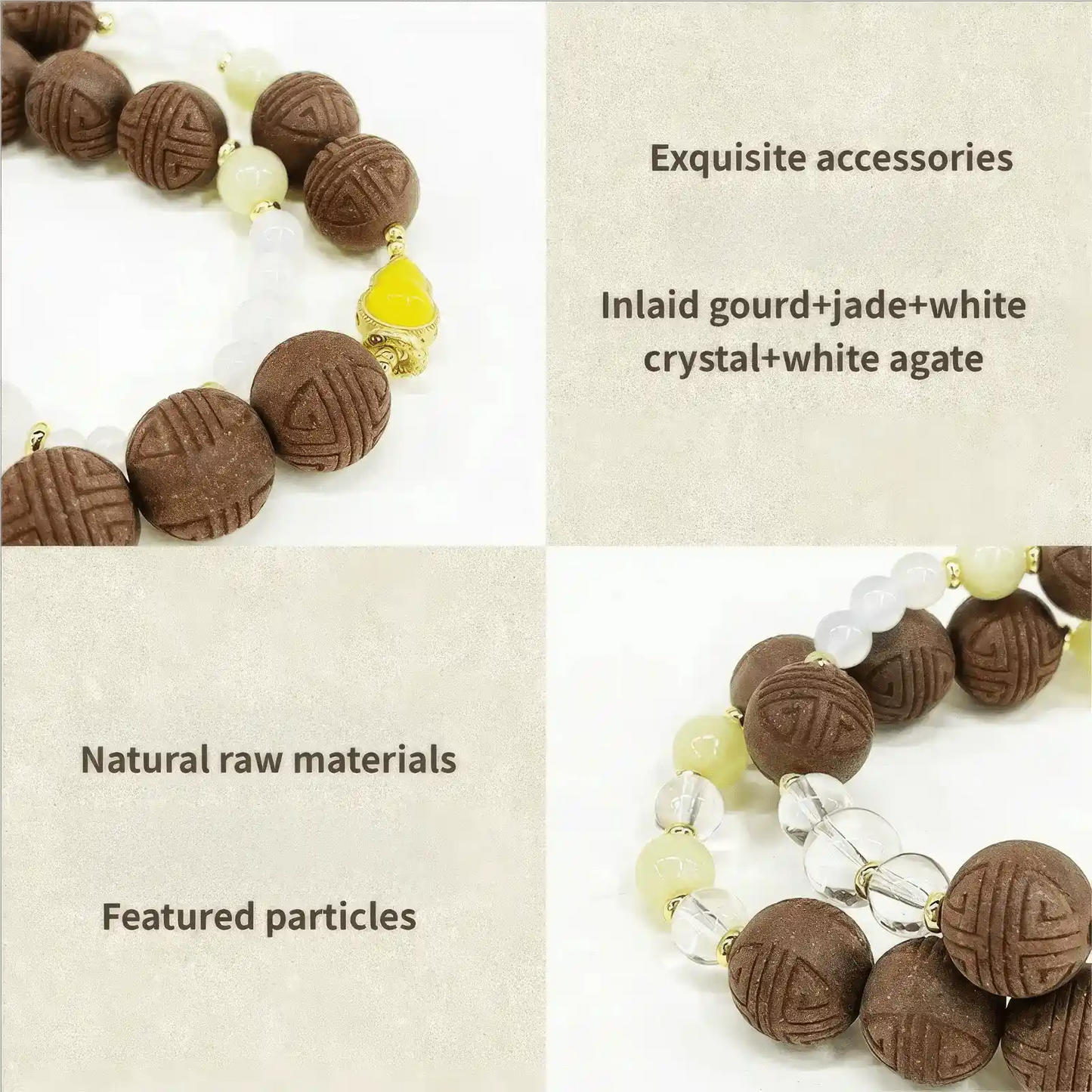 Close - up view highlighting the bracelet's "Exquisite accessories" like inlaid gourd, jade, white crystal, and white agate, along with "Natural raw materials" and "Featured particles".