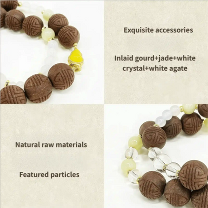 Close - up view highlighting the bracelet's "Exquisite accessories" like inlaid gourd, jade, white crystal, and white agate, along with "Natural raw materials" and "Featured particles".