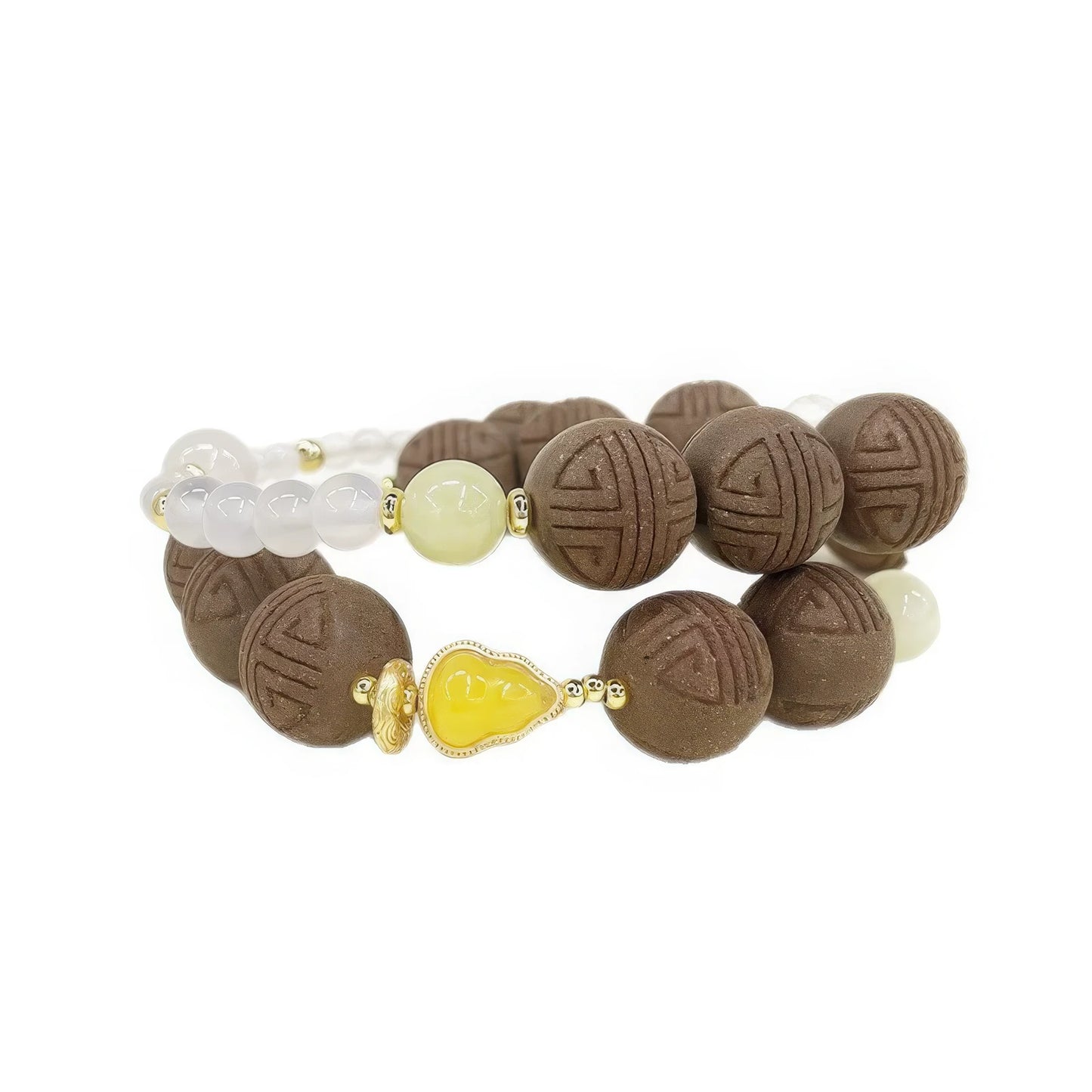 Full - view of the Poria Cocos Chinese medicine bracelet, featuring brown patterned beads, white crystal beads, a light - yellow jade bead, and a yellow inlaid gourd - shaped bead.