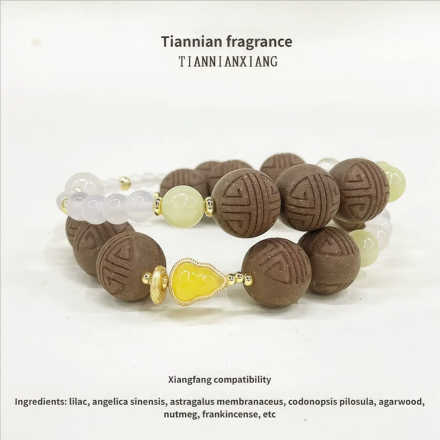 Poria Cocos Chinese medicine bracelet shown with text titled "Tiannian fragrance", detailing its xiangfang compatibility and ingredient list including lilac, angelica sinensis, and agarwood.