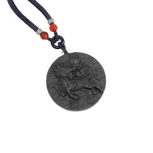  Close - up full - view of the Qilin incense pendant, showcasing the detailed carving of the qilin on the dark pendant.