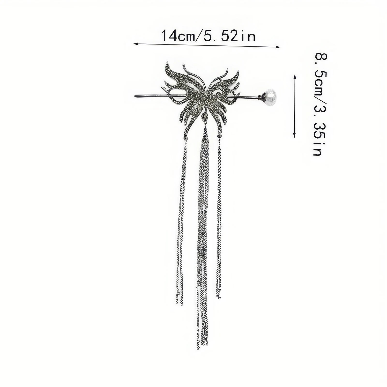 Dimension drawing of rhinestone butterfly tassel hairpin set, marked total length 14cm, height 8.5cm to show accurate product size parameters.