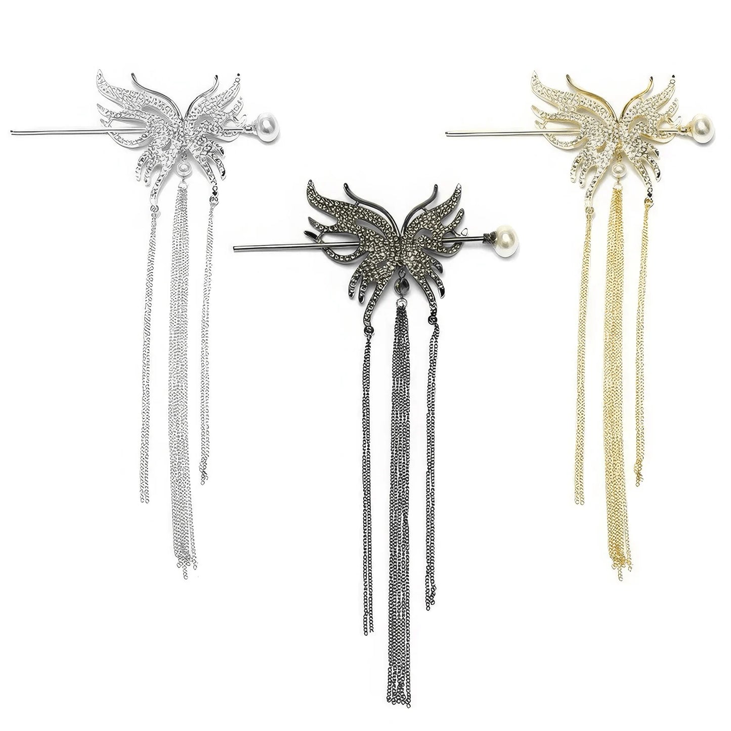 Three styles of full rhinestone butterfly tassel hairpin sets in silver, gold and gunmetal black finishes, each paired with a pearl hair stick and multi-layer long metal tassels, displayed side by side on plain white background to show all color options.