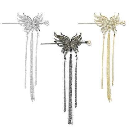 Three styles of full rhinestone butterfly tassel hairpin sets in silver, gold and gunmetal black finishes, each paired with a pearl hair stick and multi-layer long metal tassels, displayed side by side on plain white background to show all color options.