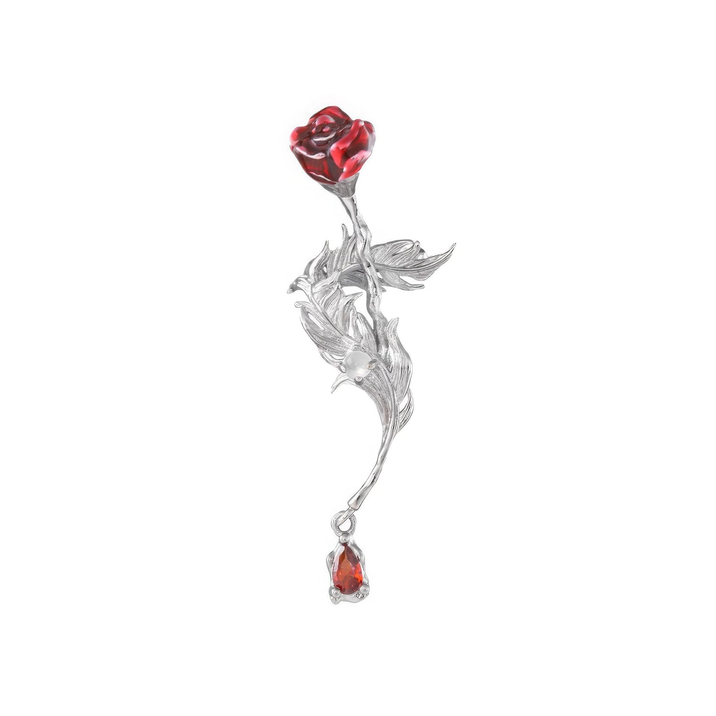  Rose feather ear cuff isolated on white background, showcasing silver metal with red rose and feather details.
