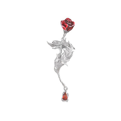 Rose feather ear cuff isolated on white background, showcasing silver metal with red rose and feather details.